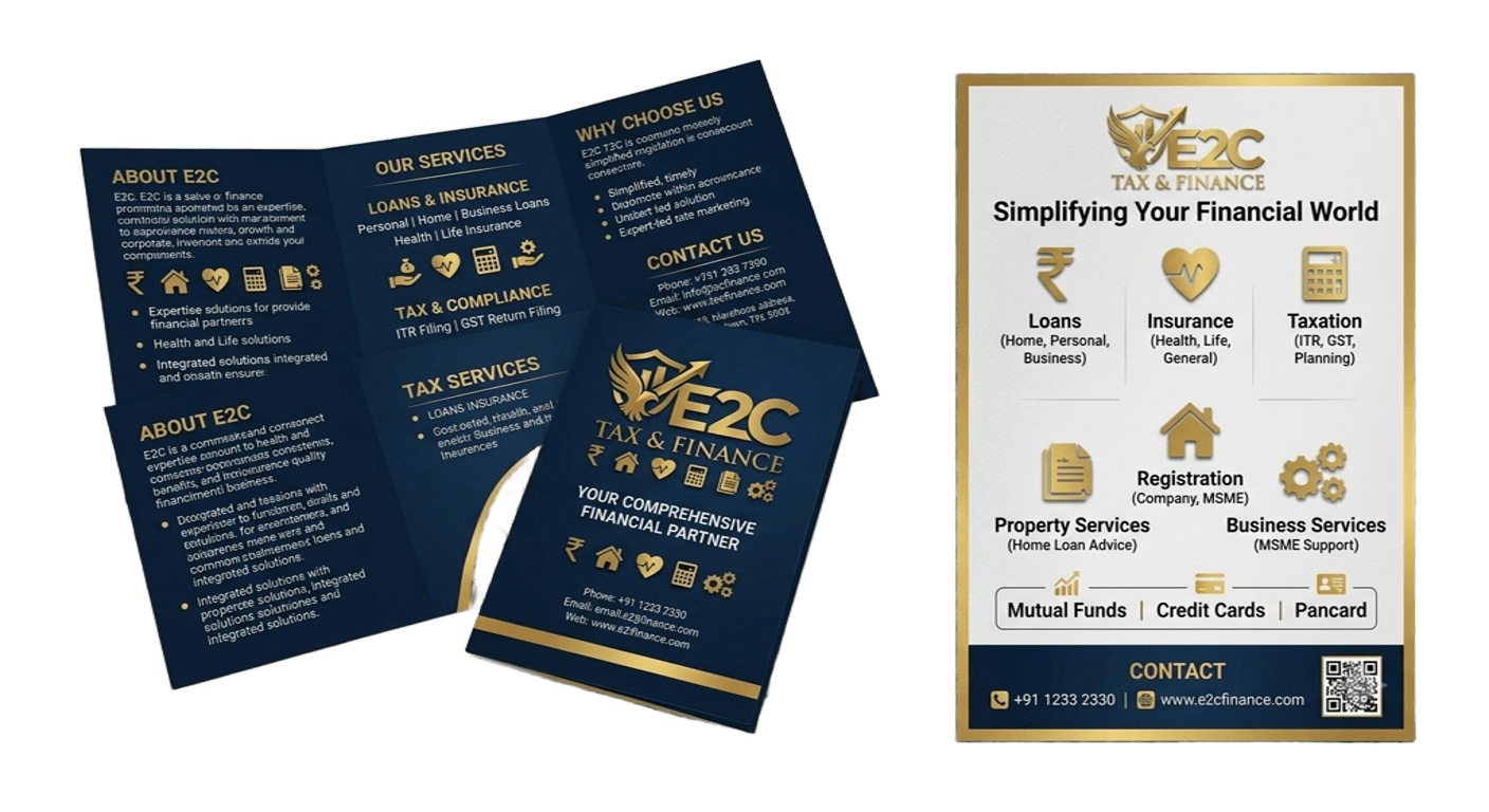 E2C Tax & Finance brochure showing loans, insurance, taxation, registration and business services