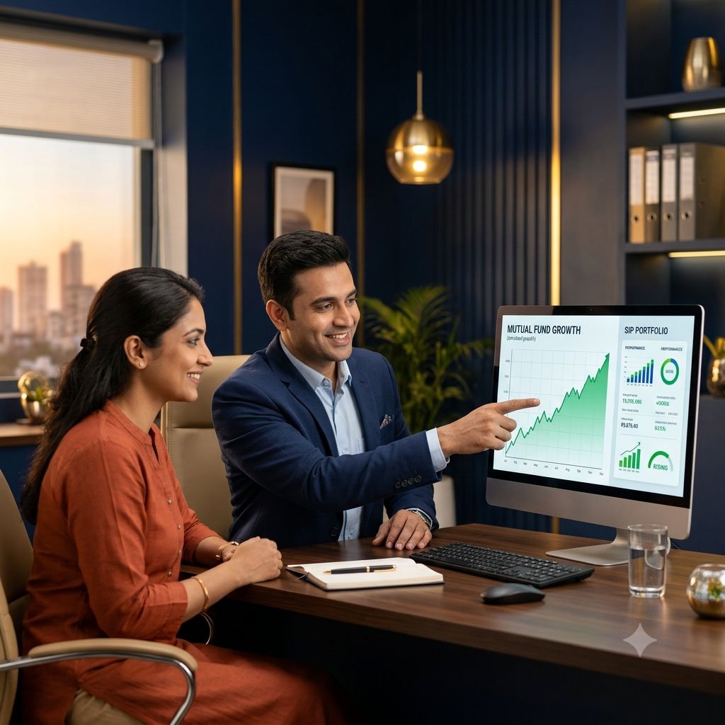 Financial advisor reviewing mutual fund growth with a client