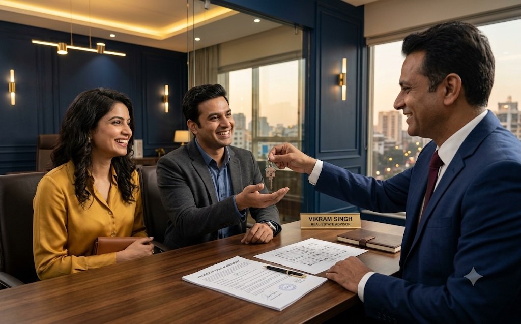 Advisor handing house keys to a couple after a property purchase